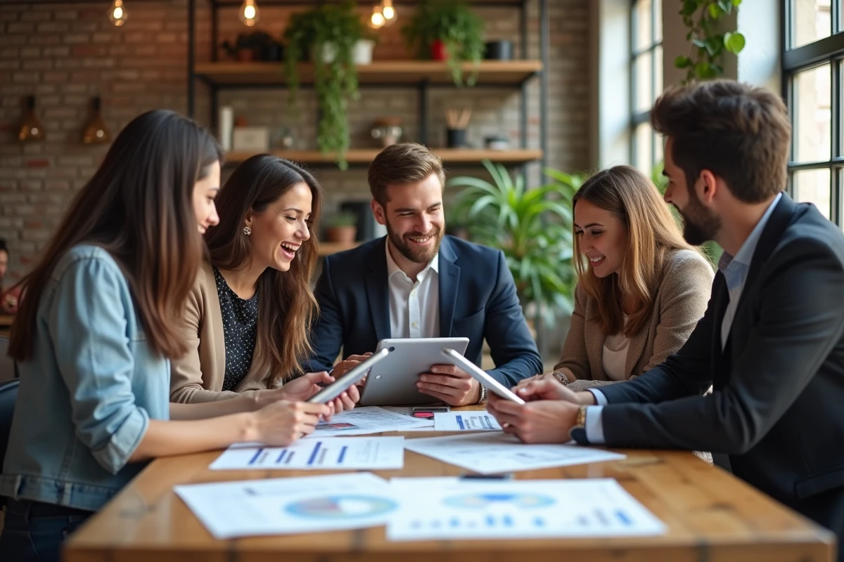 Groupe de jeunes professionnels en discussion dans un espace de coworking