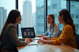 Groupe de jeunes professionnels collaborant autour d'un site multilingue