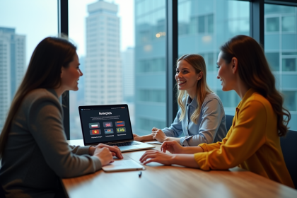 Groupe de jeunes professionnels collaborant autour d'un site multilingue