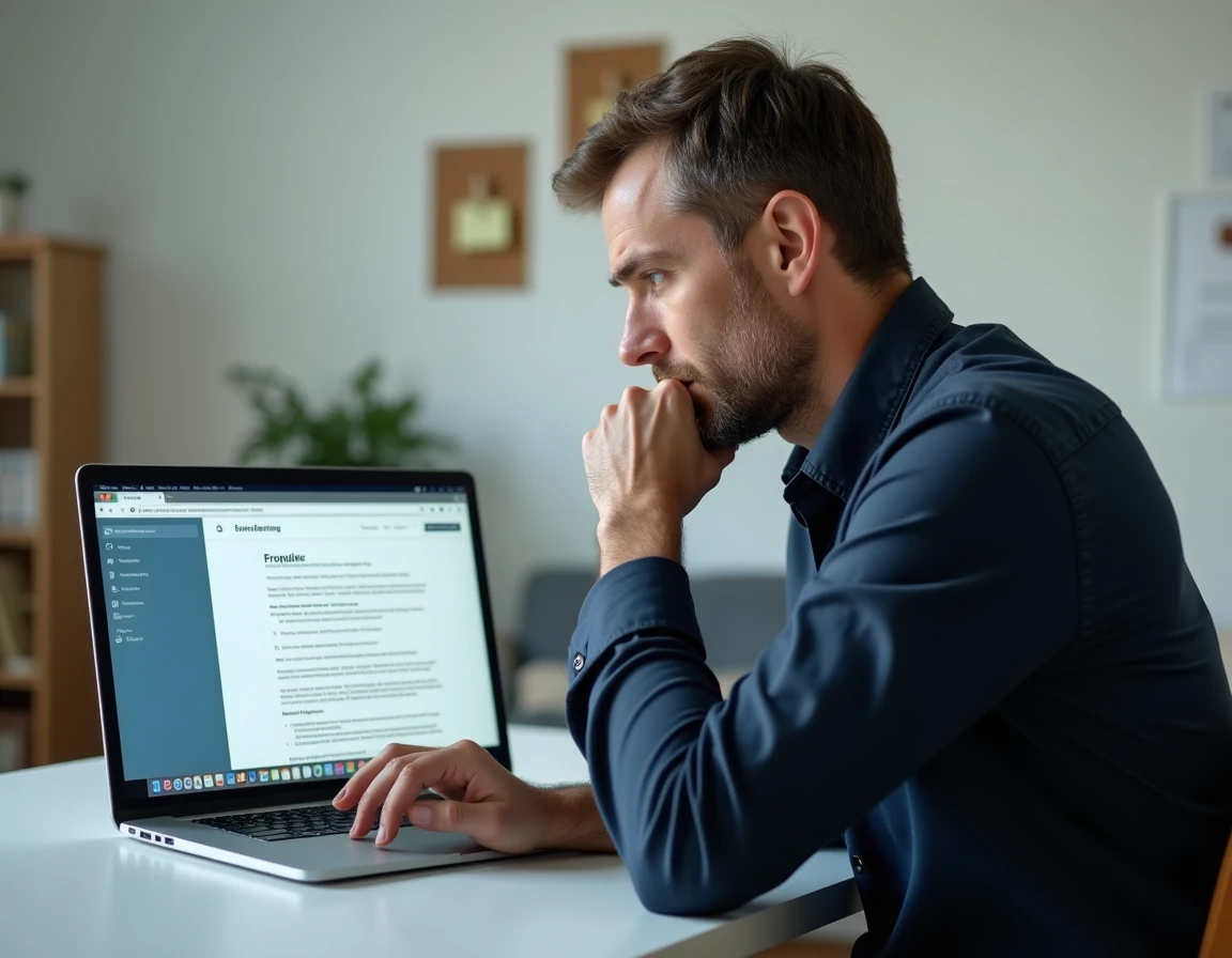 Homme adulte consultant une page de grammaire française sur ordinateur portable dans un bureau à domicile