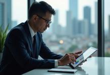 Homme d'affaires en costume regardant des graphiques financiers