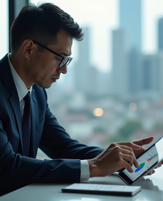 Homme d'affaires en costume regardant des graphiques financiers