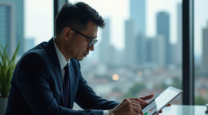 Homme d'affaires en costume regardant des graphiques financiers