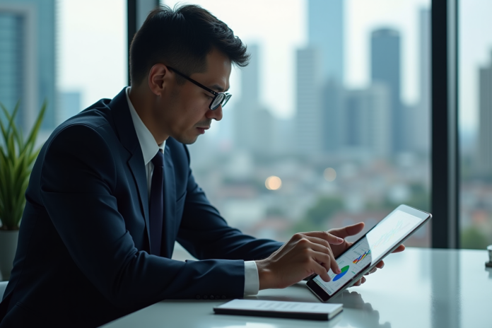 Homme d'affaires en costume regardant des graphiques financiers