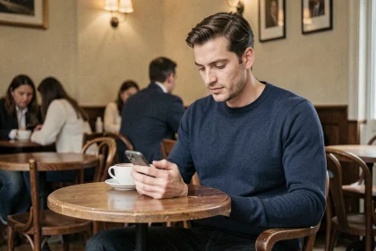 Homme discret utilisant une application de rencontre sur son smartphone dans un café parisien