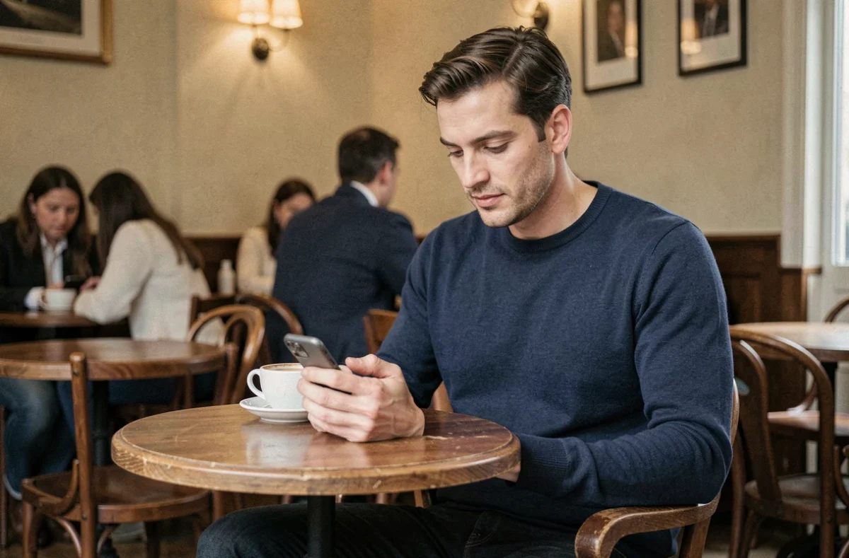 Homme discret utilisant une application de rencontre sur son smartphone dans un café parisien