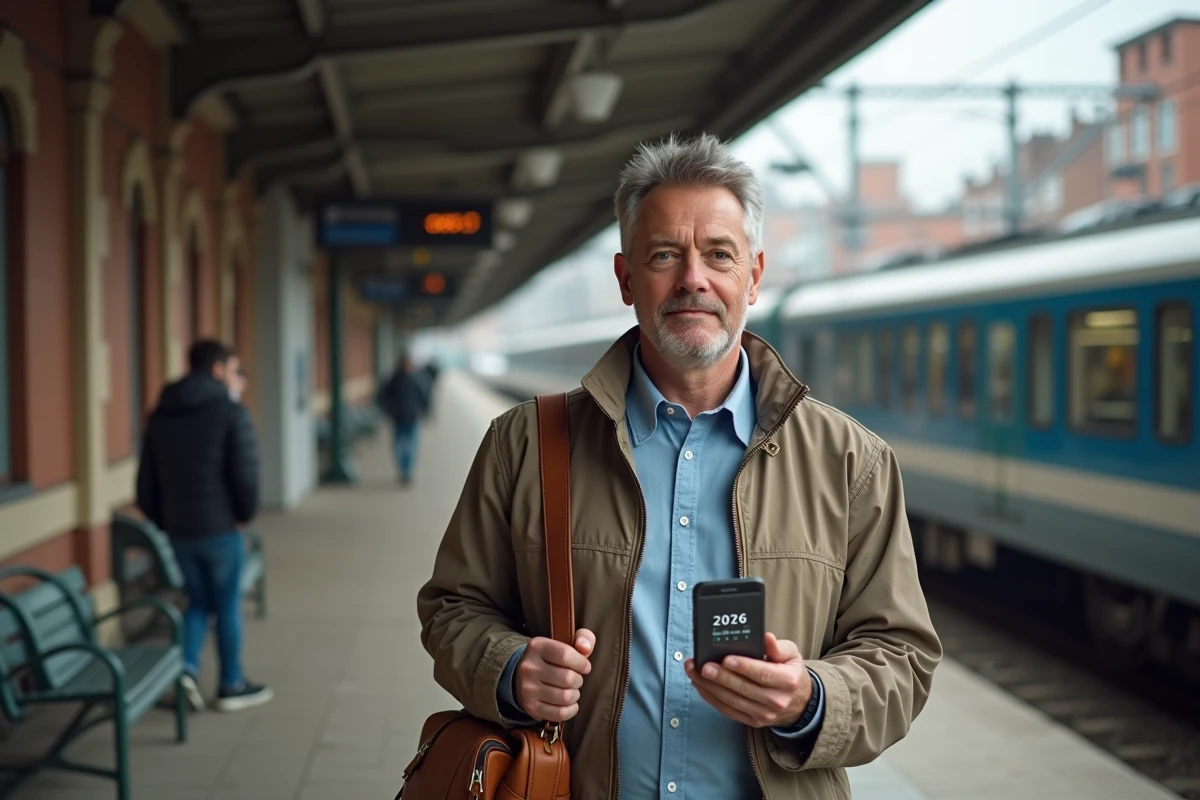 Homme attendant à la gare avec calendrier numérique