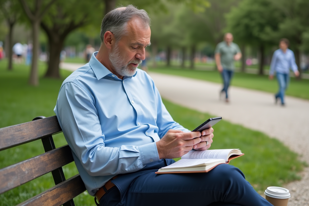 Homme en plein air utilisant son smartphone pour gérer son budget
