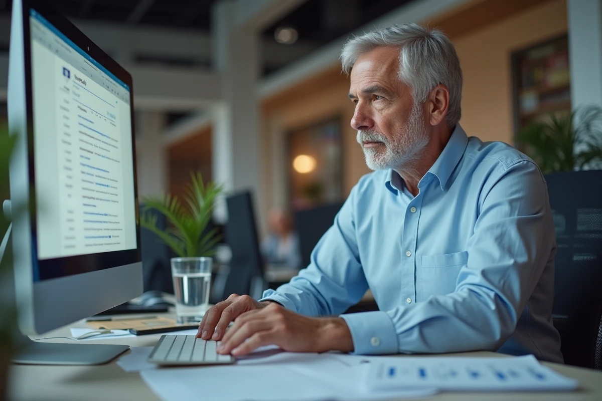 Homme au bureau consultant un annuaire téléphonique en ligne 118 712 sur ordinateur