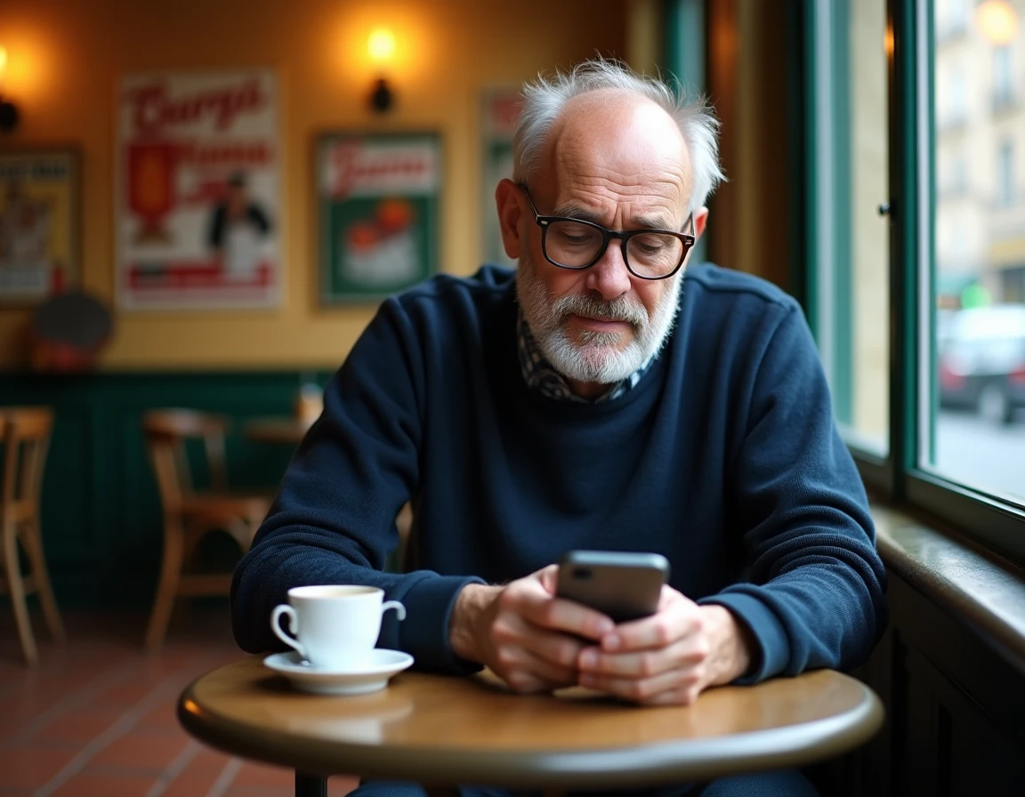 Homme d'âge mûr consultant une application de localisation de bureaux de tabac sur son téléphone dans un café