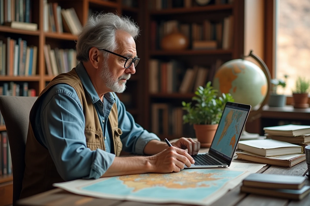 Homme &eacute;tudiant en g&eacute;ologie analysant une carte dans un bureau