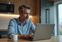 Homme d'âge moyen devant son ordinateur avec chatbot