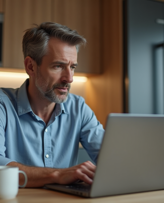 Homme d'âge moyen devant son ordinateur avec chatbot