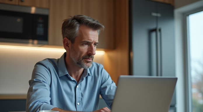 Homme d'âge moyen devant son ordinateur avec chatbot