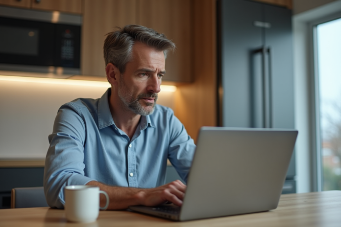 Homme d'âge moyen devant son ordinateur avec chatbot
