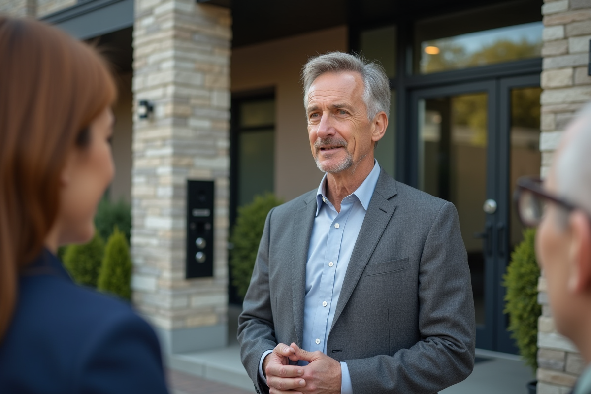 Homme en costume parlant aux résidents extérieurs