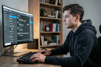Jeune homme utilisant Discord sur un ordinateur de bureau dans un home office moderne