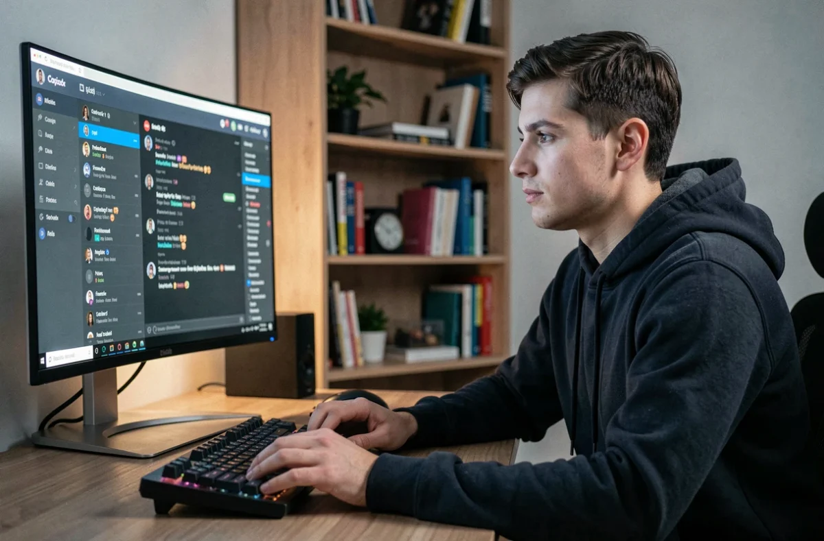 Jeune homme utilisant Discord sur un ordinateur de bureau dans un home office moderne