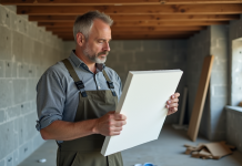Homme en overalls examinant une plaque de Depron dans une pièce en rénovation