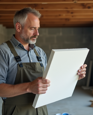 Homme en overalls examinant une plaque de Depron dans une pièce en rénovation