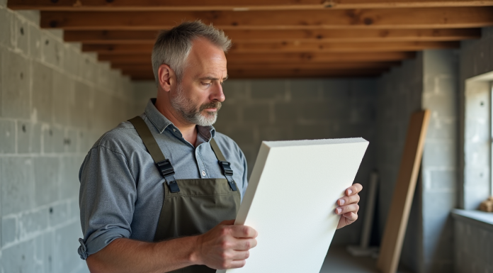 Homme en overalls examinant une plaque de Depron dans une pièce en rénovation