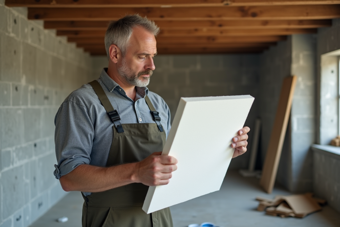 Homme en overalls examinant une plaque de Depron dans une pièce en rénovation