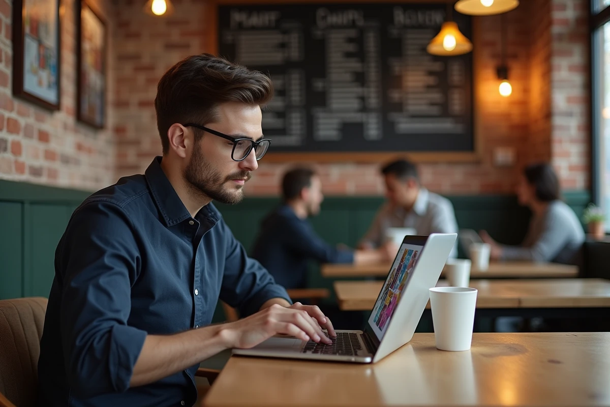 Homme lisant des mangas et webtoons sur un ordinateur portable dans un café urbain avec étagères et tasses de café en arrière-plan