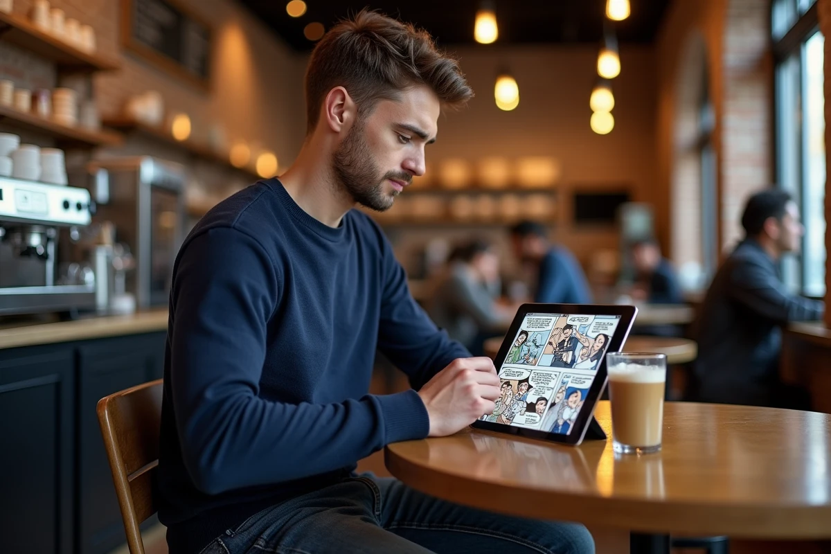 Jeune homme accro aux webtoons lisant sur tablette dans un café urbain, illustration de l'habitude de lecture numérique de manhwa