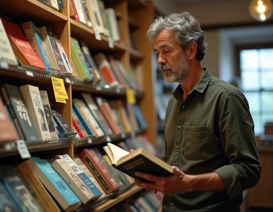 Homme feuilletant des romans de poche historiques sur un présentoir dans une petite librairie française de village