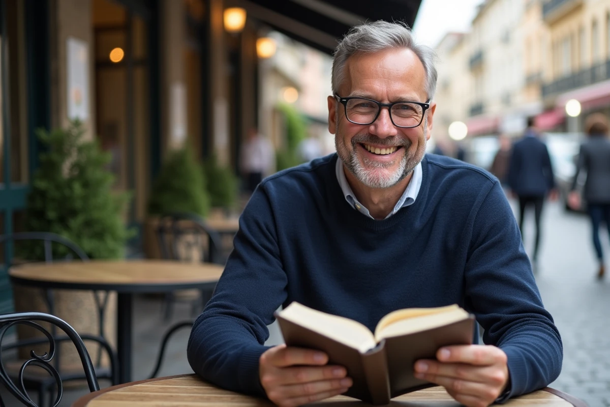 Homme lisant un livre de français dans un café urbain