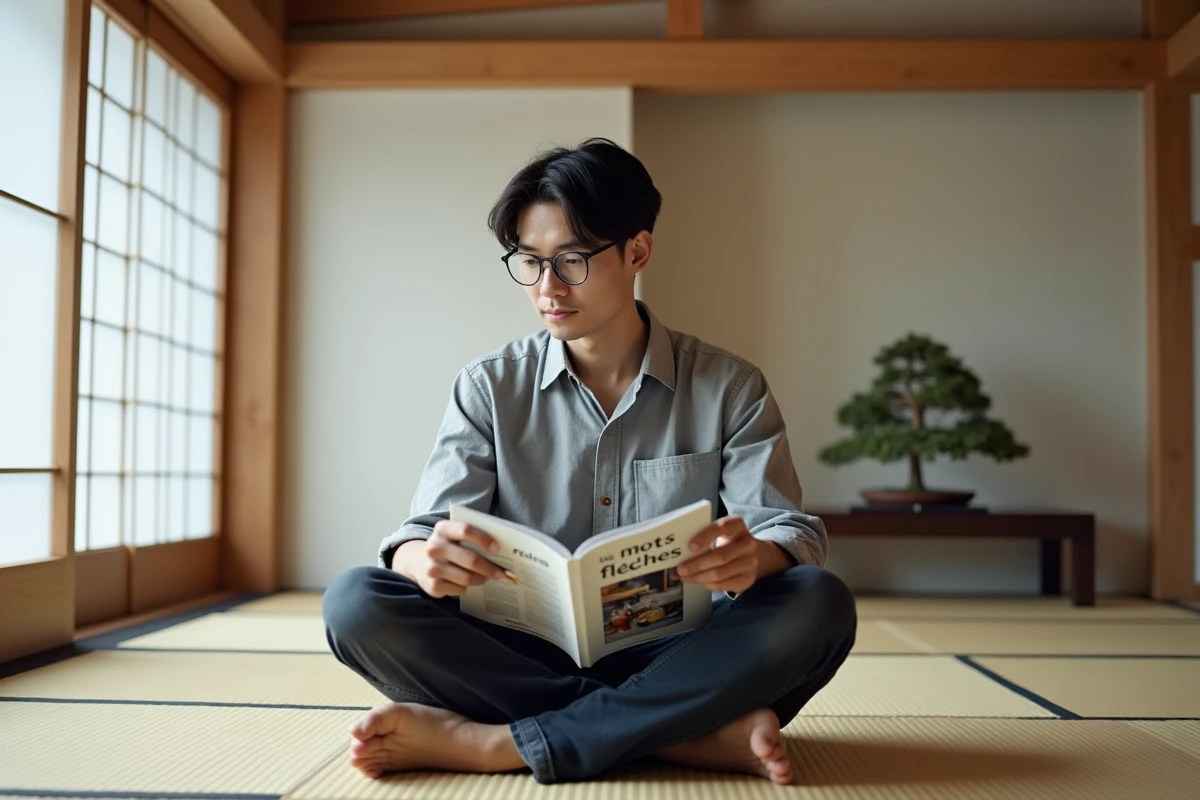 Homme résolvant un magazine de mots fléchés sur les villes japonaises assis sur un tatami dans une pièce de style japonais minimaliste