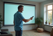 Homme utilisant une télécommande pour descendre un écran de projection moderne