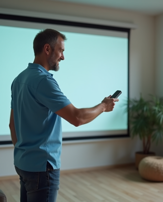Homme utilisant une télécommande pour descendre un écran de projection moderne