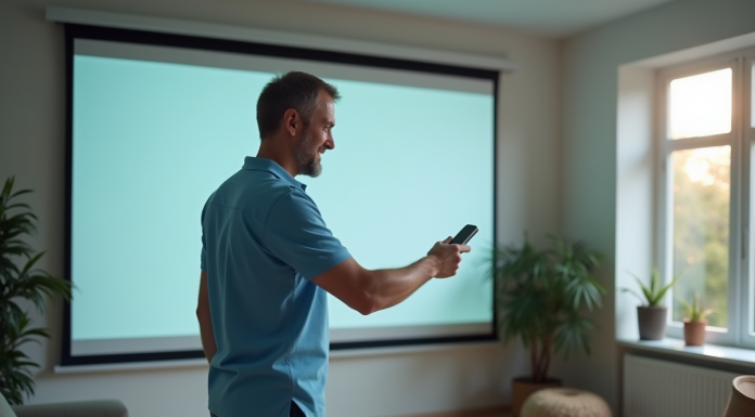 Homme utilisant une télécommande pour descendre un écran de projection moderne