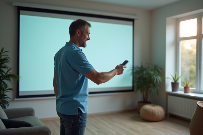 Homme utilisant une télécommande pour descendre un écran de projection moderne