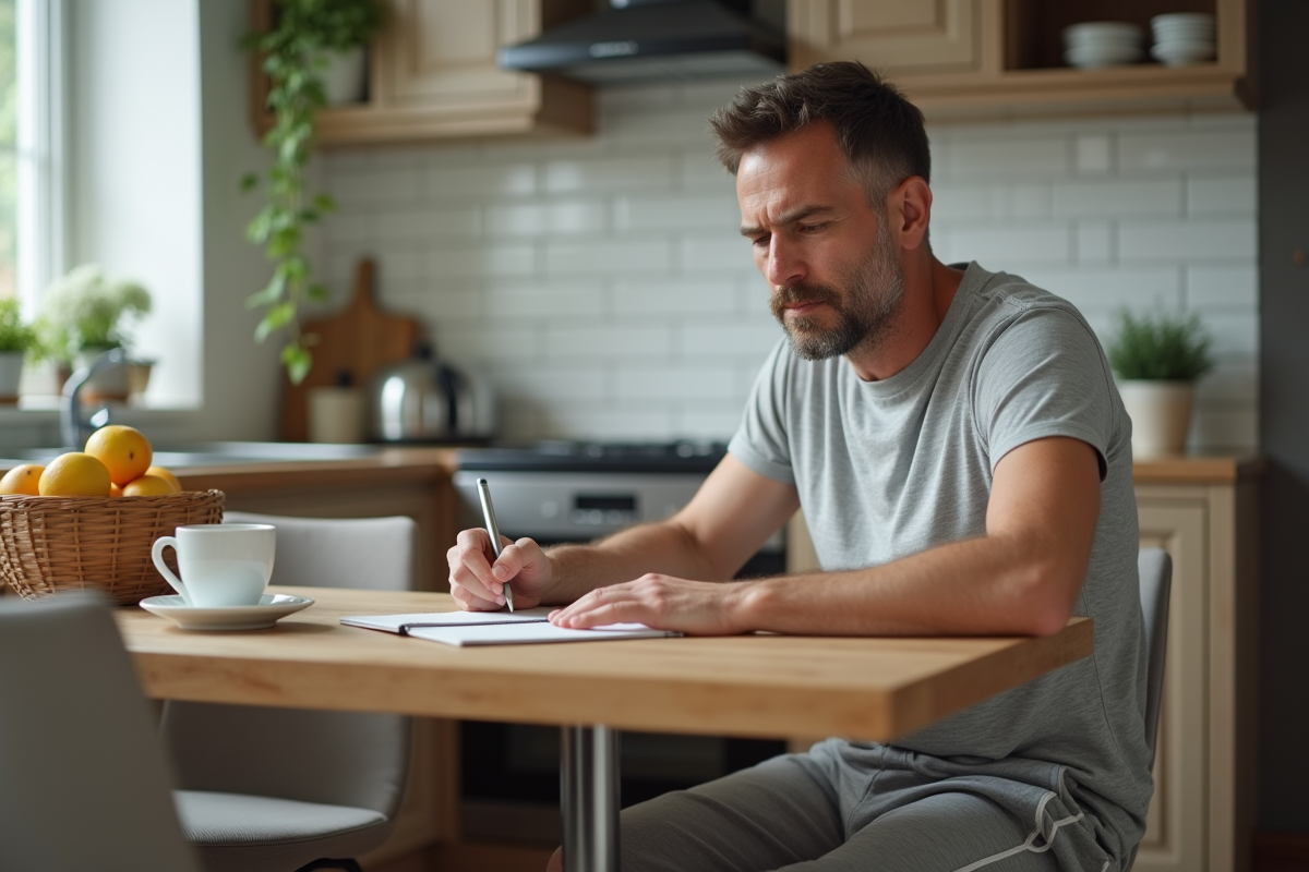 Homme écrit ses notes de sommeil dans la cuisine