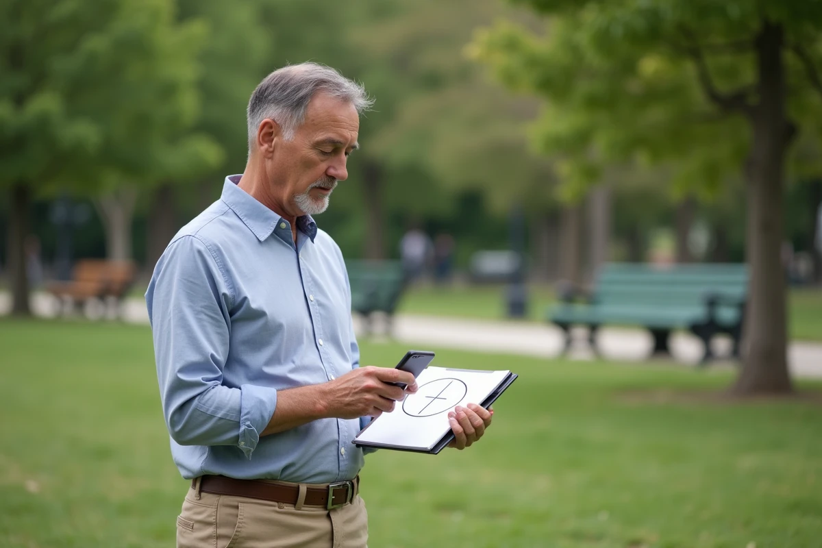 Homme en plein air utilisant une calculatrice sur smartphone