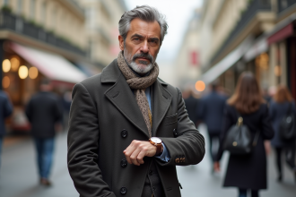 Homme d'âge moyen en tenue élégante sur une avenue parisienne automnale