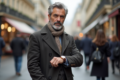 Homme d'âge moyen en tenue élégante sur une avenue parisienne automnale