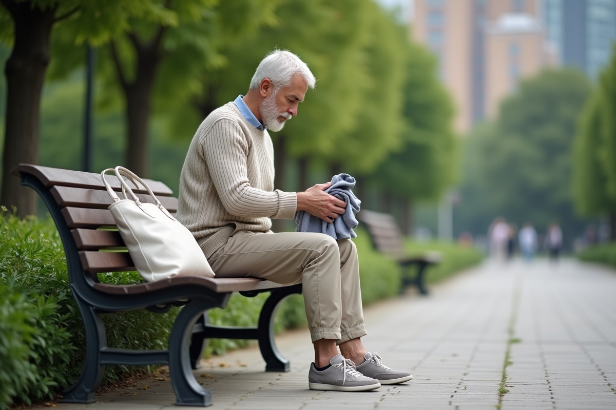 Homme assis dans un parc urbain en vêtements neutres