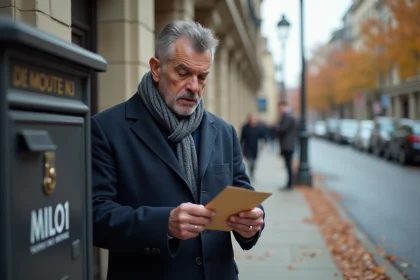 Homme d'&acirc;ge moyen devant une bo&icirc;te aux lettres urbaine