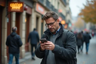 Homme cherchant un bureau de tabac sur son smartphone dans une rue animée d'une ville française