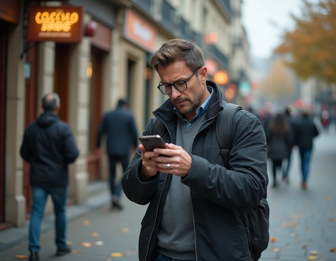 Homme cherchant un bureau de tabac sur son smartphone dans une rue animée d'une ville française