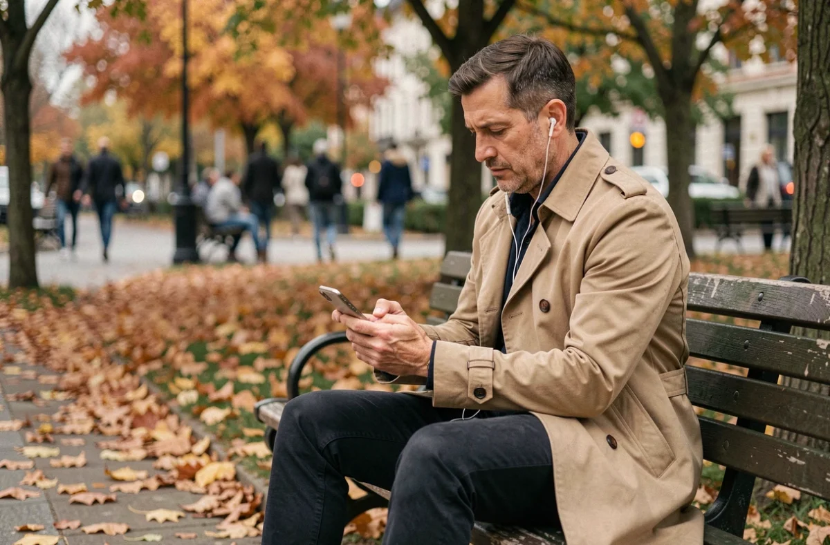 Homme utilisant une application de rencontre de manière anonyme sur un banc dans un parc en automne