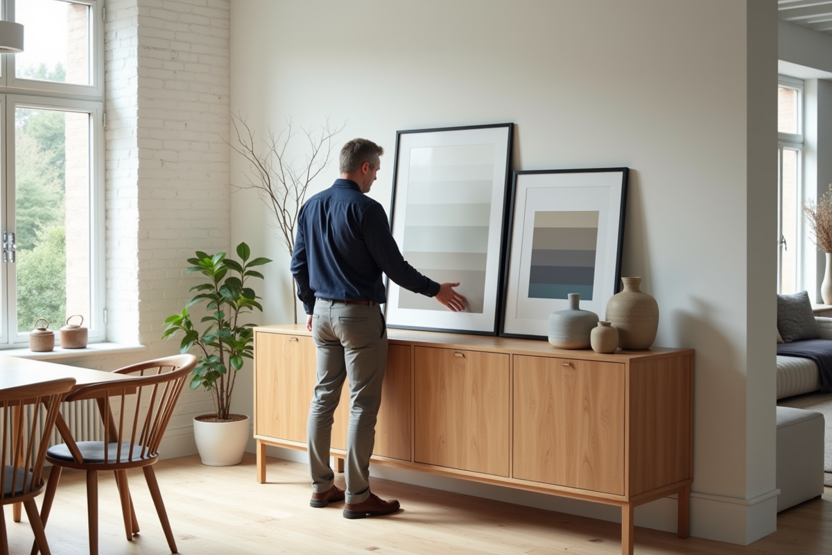 Homme scandinave arrangeant des échantillons de couleurs dans une pièce moderne