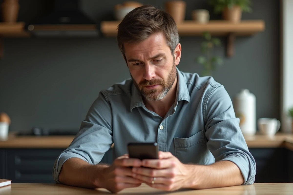 Homme d'âge moyen dans une cuisine moderne regarde son smartphone