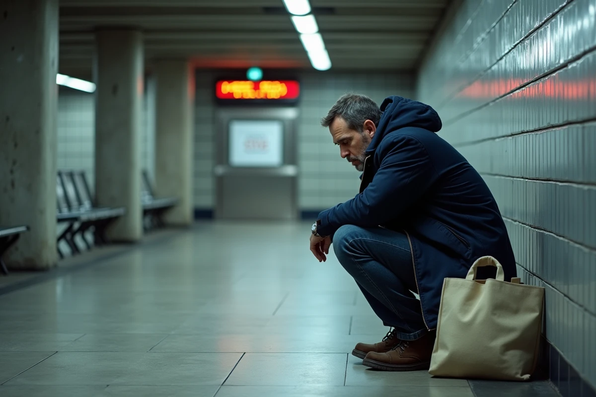 Homme seul assis dans une station de métro fermée à Lyon lors de la grève TCL du 5 décembre 2026