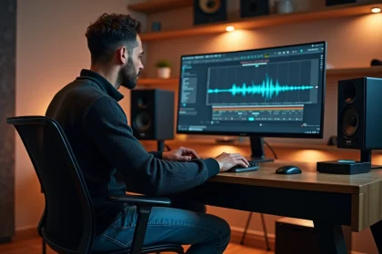 Homme en studio analysant un simulateur sonore sur son ordinateur