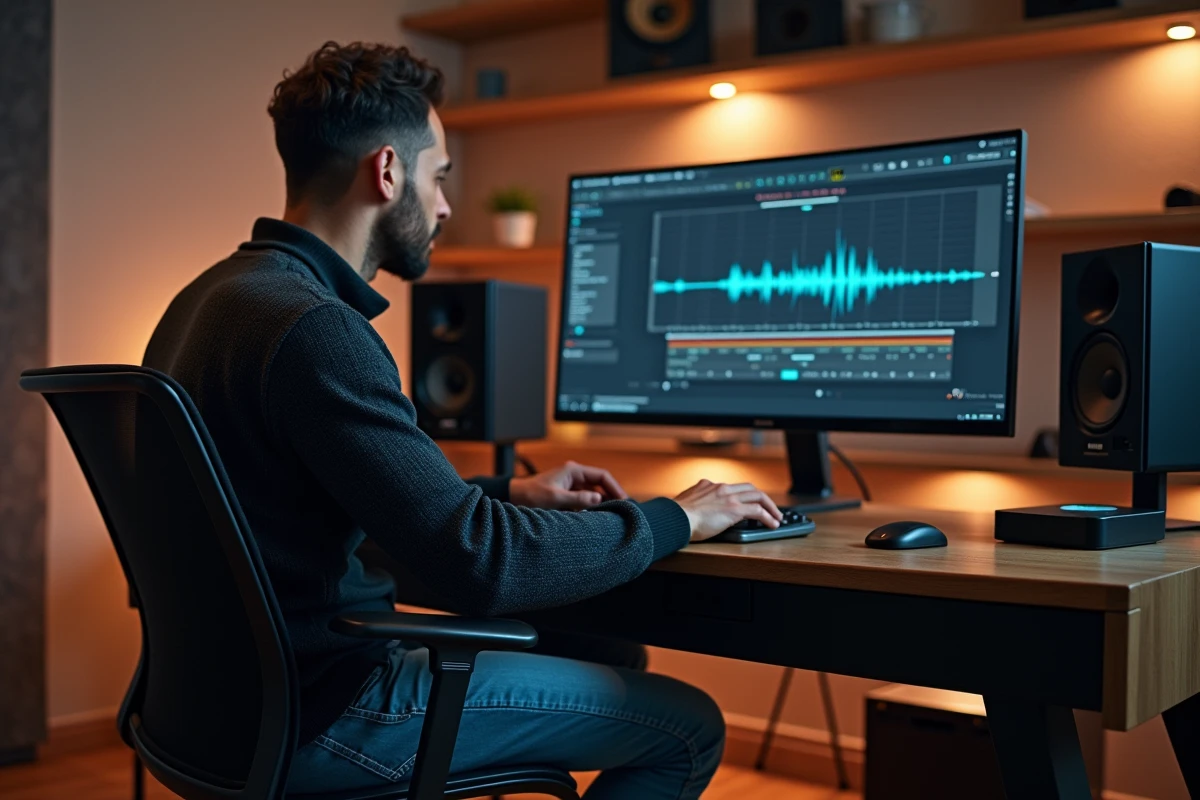Homme en studio analysant un simulateur sonore sur son ordinateur
