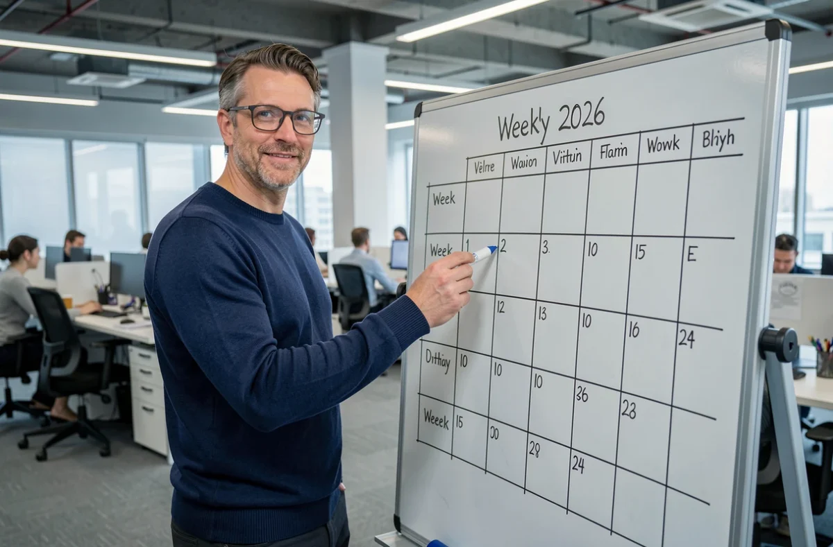 Homme d'affaires pointant les numéros de semaines impaires 2026 sur un tableau blanc dans un bureau moderne